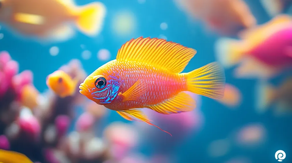 A vibrant yellow and orange fish, possibly a dwarf cichlid, swims in the foreground, its fins elegantly outstretched.  The background is a blurred but colorful scene of other fish and coral, creating a sense of depth and movement within a coral reef or aquarium setting.  The water is a clear, bright turquoise, enhancing the vividness of the fish's colors and its surroundings.  The overall image is sharp and bright, showcasing the beauty of aquatic life.