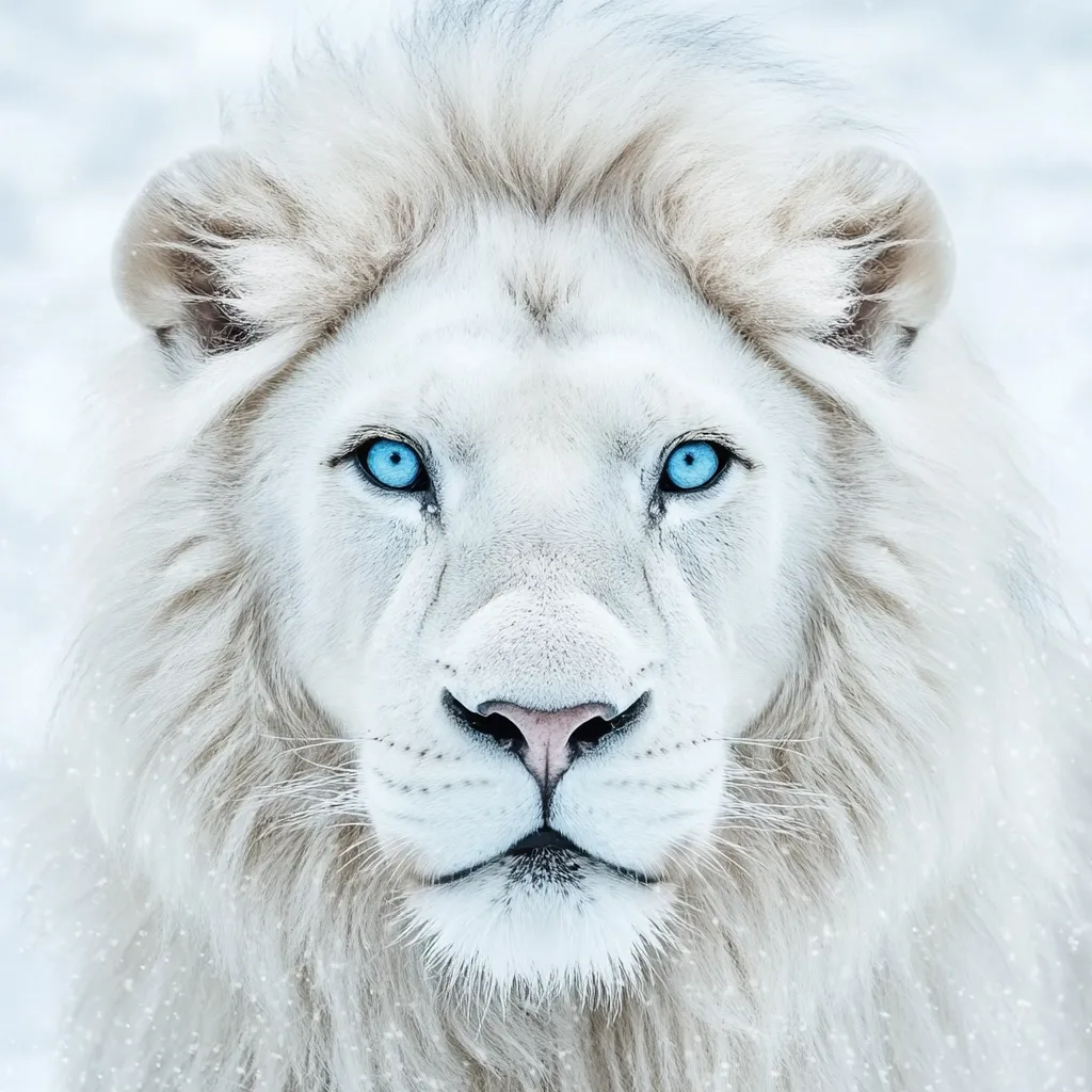 Here's a description of the image:

The image shows a close-up of a majestic white lion, its piercing blue eyes captivating the viewer.  Its thick, snow-white mane frames a serene yet powerful face.  The lion appears to be in a snowy environment, with tiny snowflakes subtly visible around it, enhancing the wintery atmosphere. The focus is sharply on the lion's face, creating a striking contrast against the softly blurred background. The overall impression is one of regal beauty and untamed power, evocative of a mythical creature.