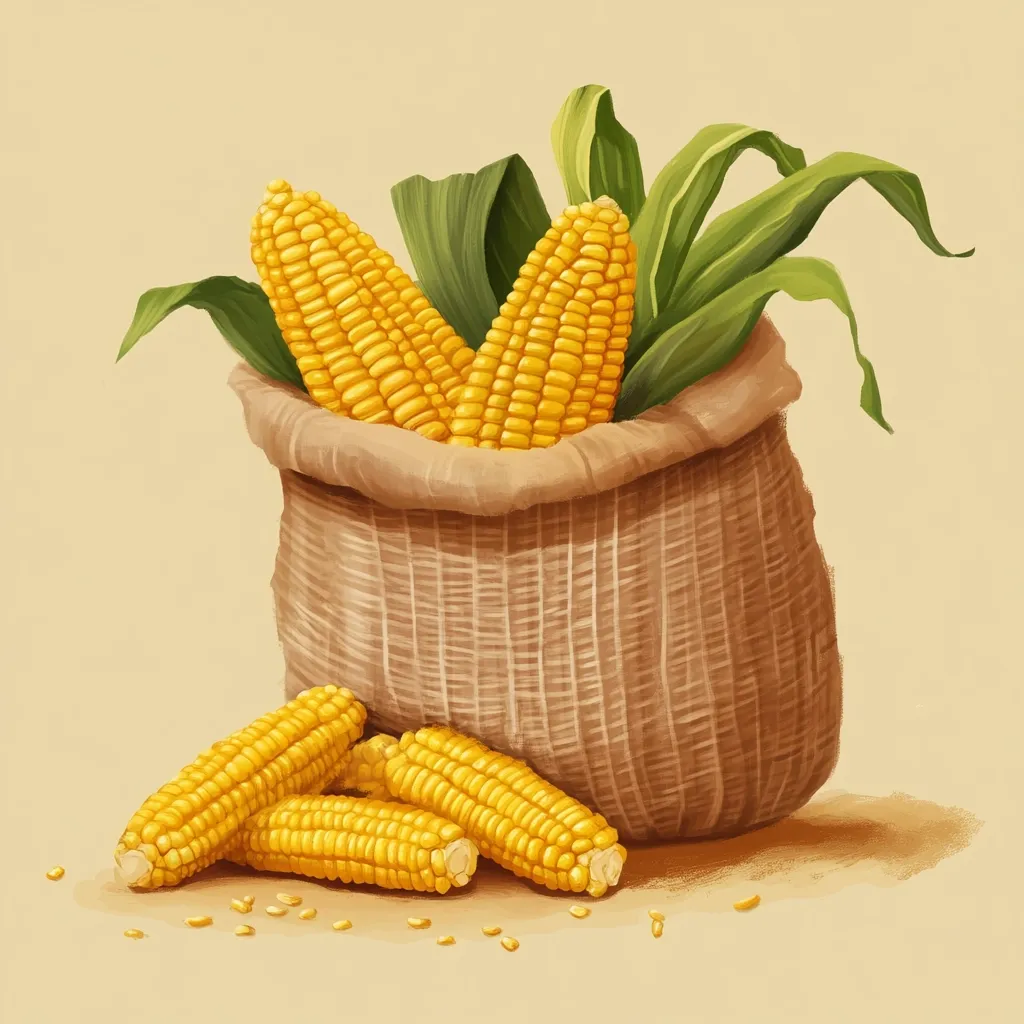 Here's a description of the image:

A digital painting depicts a rustic burlap sack brimming with fresh corn on the cob.  Two ears of corn, still attached to their vibrant green husks, are nestled inside the sack.  Three more ears of corn lie scattered on the tan surface beside the sack, their golden kernels gleaming. The overall style is reminiscent of vintage harvest illustrations, with a soft, warm color palette and painterly texture.  The scene evokes a sense of abundance and rustic charm.