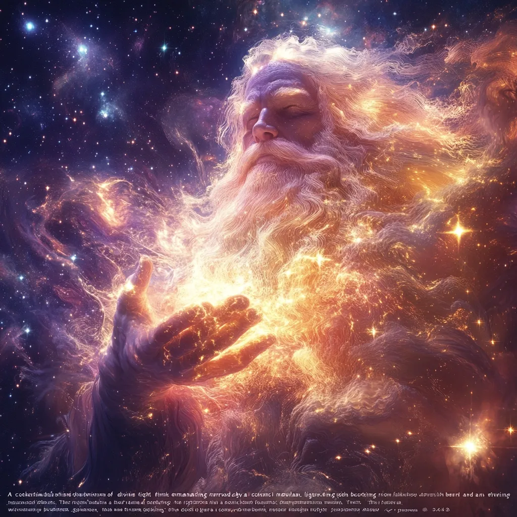 Here's a description of the image:

The image depicts a serene, elderly man with a long, flowing white beard, seemingly composed of starlight and cosmic nebulae.  He has his eyes closed, and his open hand gently cradles a brilliant, swirling mass of golden light, emanating from within his palm. The overall effect is one of divine creation, with the man appearing as a celestial being, interwoven with the cosmos. The background is a deep space scene filled with stars and nebulas, further emphasizing his cosmic connection. The overall mood is peaceful and awe-inspiring.