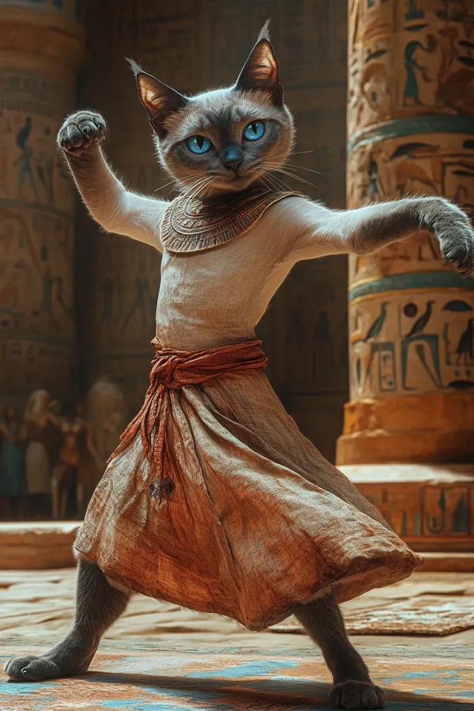 A Siamese cat, with striking blue eyes, is depicted in a digitally enhanced image.  The cat is anthropomorphized, dressed in ancient Egyptian attire: a beige tunic and a flowing, rust-colored skirt, accented by a gold collar.  The cat's stance is dynamic, one arm raised, suggesting action or power. The background features ancient Egyptian-style pillars with hieroglyphs, enhancing the scene's mystical and historical context. The overall artistic style blends realism with fantasy.