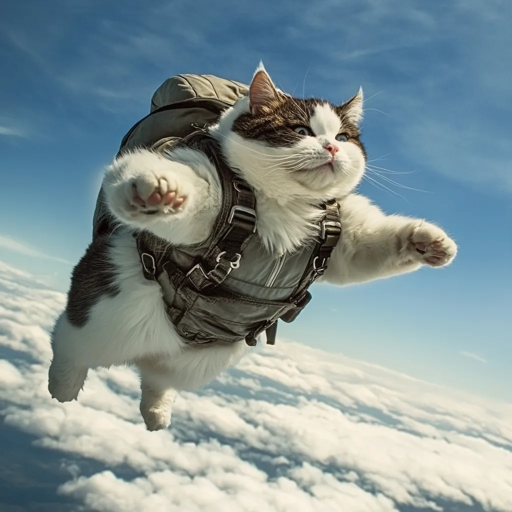 Here's a description of the image:

A chubby, tuxedo-colored cat is the focus of the image, appearing to skydive.  It's outfitted in a miniature, olive-green parachute harness and backpack, arms outstretched as if in mid-flight. The cat's expression is one of mild surprise or concern. The background is a bright, sunny sky filled with fluffy white cumulus clouds, suggesting a high altitude. The overall impression is humorous and whimsical.