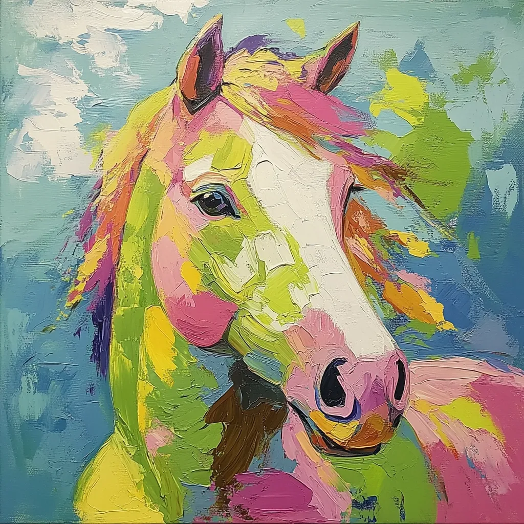 Here's a description of the image:

The painting is a vibrant, expressive portrait of a horse's head and neck, rendered in a palette of bright, bold colors.  Pinks, greens, yellows, and whites are thickly applied with visible brushstrokes, creating a textured, almost three-dimensional effect. The style is impasto, with the paint visibly raised from the canvas. The horse's features are suggested rather than precisely defined, contributing to the overall abstract feel.  The background is a loose representation of a sky with hints of blue and white. The overall mood is cheerful and energetic.