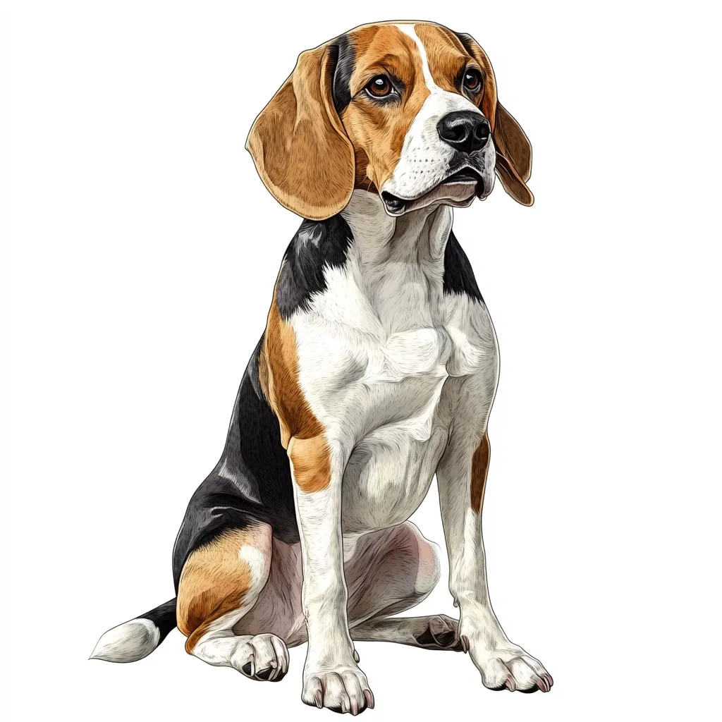 Here is a description of the image:

The image is a detailed, almost photorealistic drawing of a Beagle dog sitting.  The Beagle is predominantly white with patches of tan and black fur. Its ears are long and floppy, and its expression is alert and attentive. The drawing style emphasizes texture, particularly the fur, giving the dog a lifelike appearance. The dog is centered against a plain white background, making it the clear focus of the image. The illustration showcases the Beagle's characteristic markings and build.