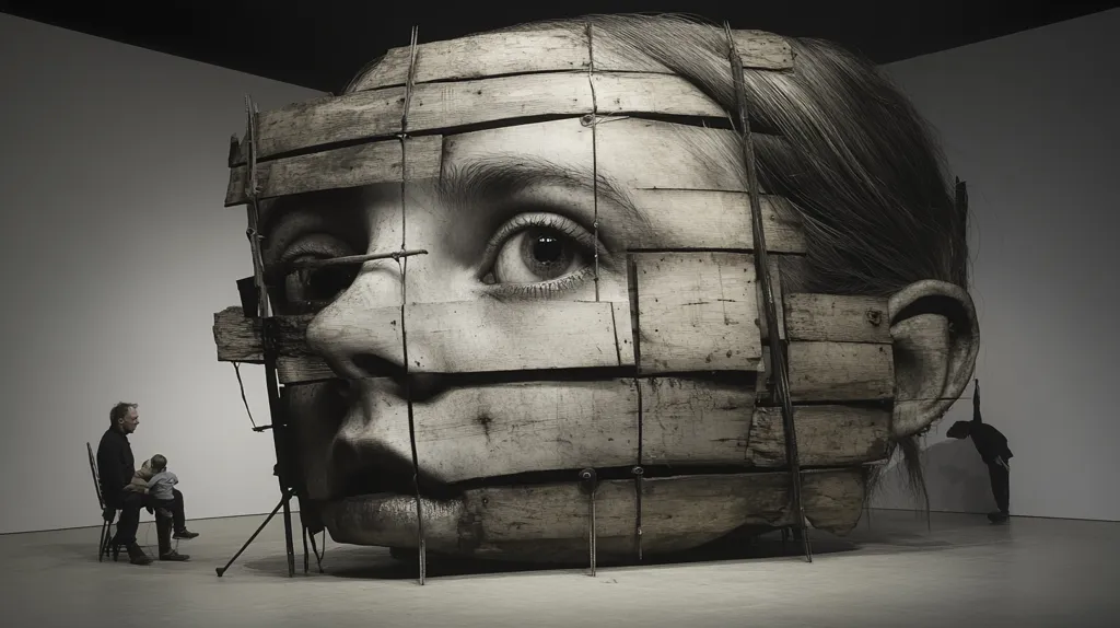 A colossal sculpture dominates a minimalist gallery space.  The artwork is a large head, seemingly a child's, constructed from weathered wood planks and wire, creating a fragmented yet realistic portrait.  Its expression is solemn, almost melancholic. Two adults and a child stand observing the piece, dwarfed by its scale, creating a poignant contrast between human vulnerability and the imposing artwork. The monochromatic palette emphasizes the sculpture's texture and emotional weight.  The overall atmosphere is one of contemplation and subtle unease.