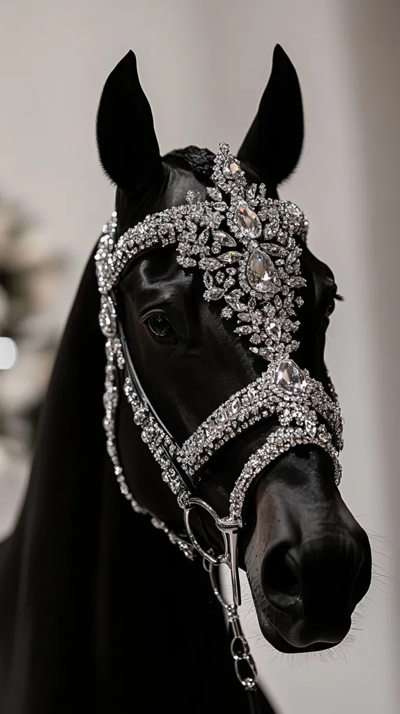 A striking black horse is the focus of this close-up shot.  It wears an elaborate bridle, adorned with numerous sparkling crystals arranged in an ornate, floral-like pattern. The bridle's intricate design extends across the horse's forehead and down to the bit, creating a dazzling display of elegance and opulence. The horse's dark coat contrasts beautifully with the bright, glittering embellishments, making it a captivating image. The background is a muted gray, keeping the focus entirely on the animal and its ornate headgear.