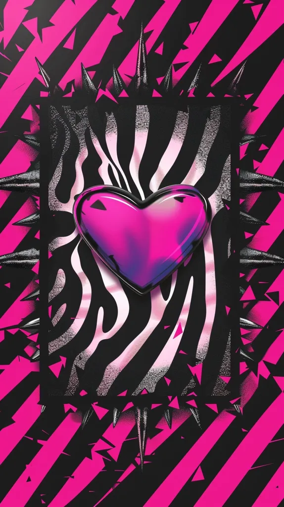 Here's a description of the image:

The image is a vibrant digital artwork featuring a glossy, hot pink heart as its central focus.  The heart rests on a black and white zebra-striped background, which is framed by a sharp, black, spiked border. This entire composition sits against a backdrop of bold, diagonal pink and black stripes, creating a striking contrast and energetic feel. The overall style is edgy and playful, suggestive of a punk or emo aesthetic.  The texture is a mix of smooth (the heart) and gritty (the stripes and zebra pattern), adding to the visual interest.