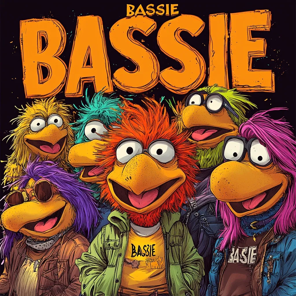 Here's a description of the image:

A vibrant illustration showcases a band of five stylized bird-like characters, reminiscent of Muppets, arranged against a dark background.  The large, bold lettering "BASSIE" in orange dominates the top, suggesting the band's name. Each character sports brightly colored, textured fur, unique hairstyles, and oversized glasses in some cases. They are dressed in casual, slightly grungy attire including jackets and shirts bearing the band's name. The central figure, with vibrant orange fur, is prominently featured, surrounded by the other band members, creating a fun and energetic ensemble.  The overall style is graphic and cartoonish with strong outlines and bold color choices.