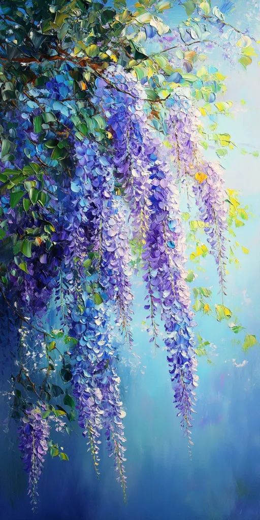 A vibrant oil painting showcases a profusion of wisteria blossoms cascading against a soft, azure backdrop.  The artist uses thick impasto strokes to create texture and depth, giving the flowers a luminous quality.  Shades of purple, lavender, and blue dominate the wisteria, while hints of green foliage are visible amidst the blooms.  The overall effect is one of romanticism and serene beauty, capturing the essence of a flowering wisteria vine in a breathtaking way.