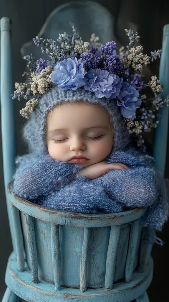 A sleeping baby is nestled in a pale blue, wooden bucket-style chair.  The baby wears a matching blue knitted hat adorned with a crown of delicate purple and gray flowers.  The baby’s face is peaceful, eyes closed, arms crossed gently over the chest. The overall image evokes a sense of calm and serenity. The muted blue tones contribute to the tranquil atmosphere.