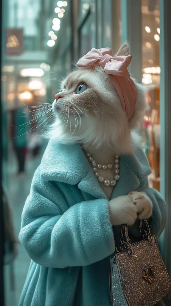 A fluffy white cat, adorned with a pink headband and pearl necklace, is the picture of elegance.  Dressed in a powder-blue fur coat, it clutches a sparkling handbag, gazing thoughtfully out a shop window. The blurred background suggests a bustling shopping mall, contrasting with the cat's composed demeanor. The image is stylish and whimsical, presenting a sophisticated feline fashion icon.