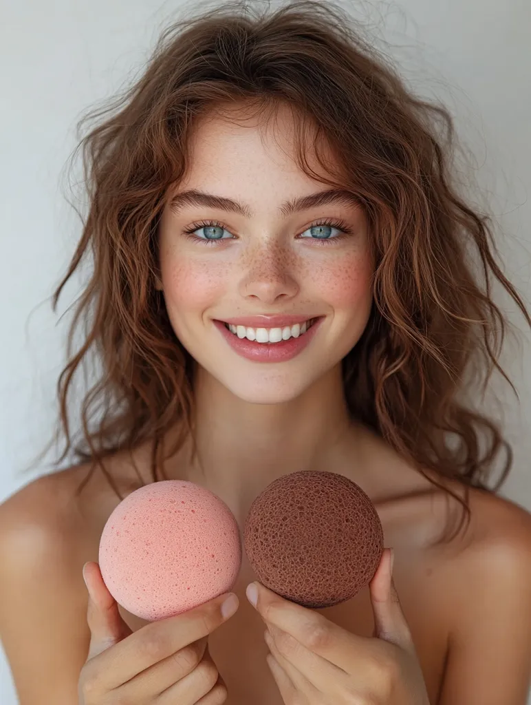 Here's a description of the image:

Close-up view of a young woman with shoulder-length, wavy brown hair.  She has light skin, freckles, and bright blue eyes. She's smiling broadly, revealing straight white teeth.  Her makeup is minimal and natural.  She's holding two small, round, textured sponges; one is light pink, the other a dark brown. The background is a plain, light gray. The overall impression is one of natural beauty and a clean, minimalist aesthetic.