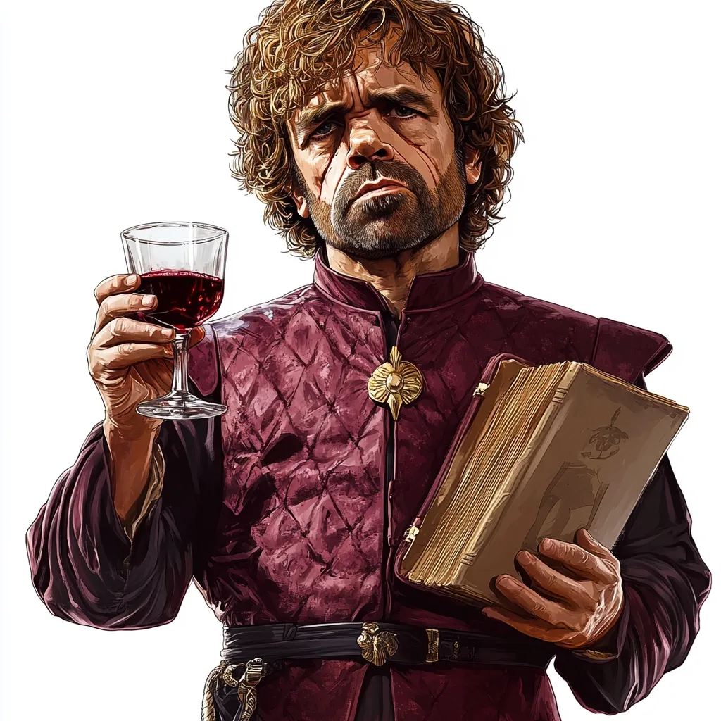 Here's a description of the image:

The illustration depicts Tyrion Lannister from Game of Thrones, rendered in a stylized, almost caricatured manner.  He’s holding a goblet of red wine in one hand and an antique, leather-bound book in the other. His signature curly hair and facial features, including a prominent scar, are easily recognizable. He’s dressed in a rich, maroon quilted doublet fastened with a dark belt, adorned with a gold emblem.  The background is plain white, drawing focus entirely to the character and his expressions which appear serious and contemplative. The overall style is digitally painted, with a high level of detail in the textures of the clothing and the wine.