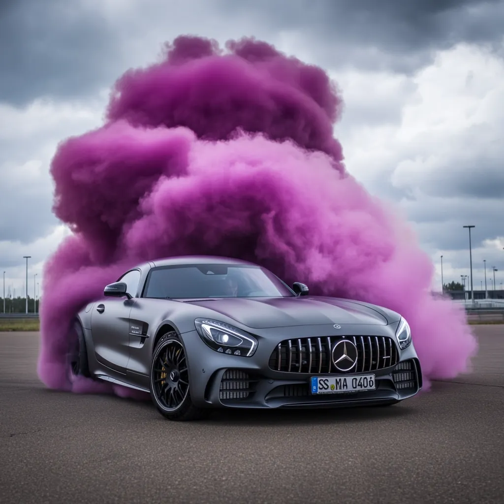 Here's a description of the image:

A sleek, dark gray Mercedes-AMG GT R sports car is captured in a dynamic shot, its rear tires seemingly emitting a vibrant, voluminous cloud of purple smoke.  The car is positioned slightly angled, showcasing its front and side profile. The background features a muted gray sky and a distant, blurred industrial landscape. The overall mood is one of dramatic action and high performance, accentuated by the contrasting colors of the car and the smoke. The license plate is visible, adding a touch of realism to the otherwise stylized image.