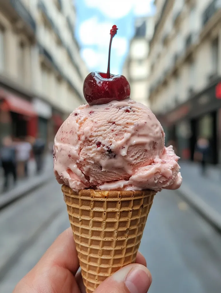 A hand holds a waffle cone filled with light pink ice cream.  A bright red cherry sits atop the scoop. The background is blurred, showing a Parisian street with classic architecture.  The image conveys a feeling of enjoying a sweet treat on a sunny day in a bustling city. The ice cream appears creamy and delicious.