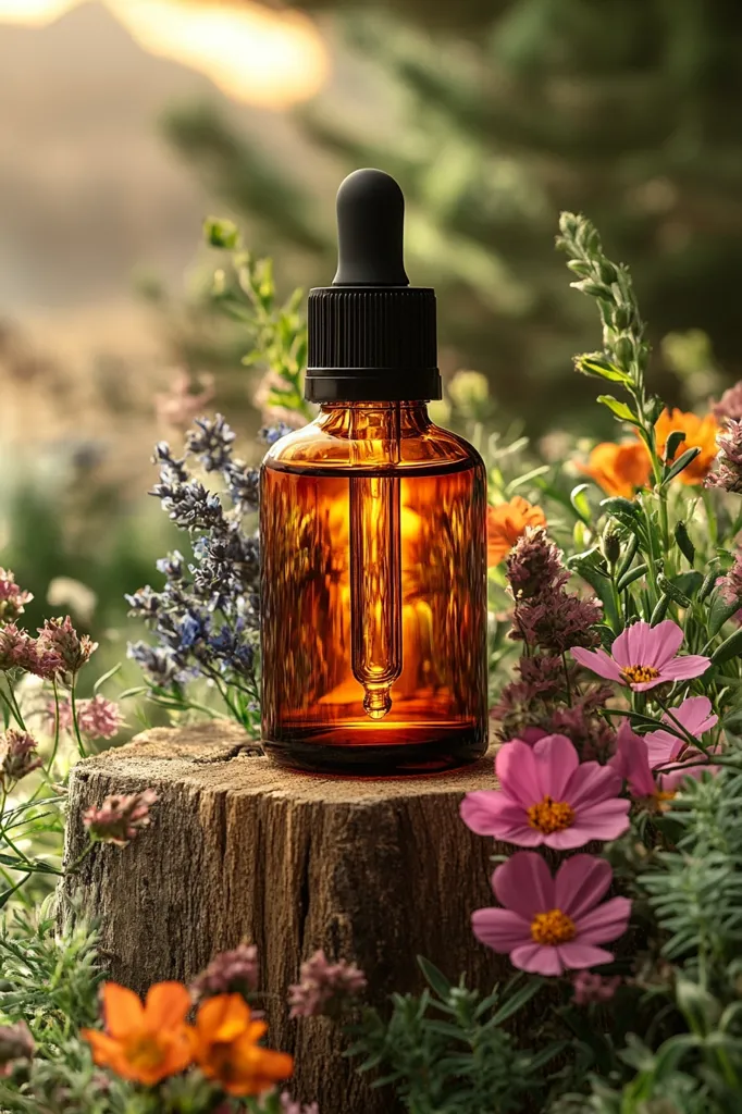 A dark amber glass bottle with a black dropper top sits atop a tree stump nestled amongst vibrant wildflowers.  The setting appears to be an outdoor natural environment, bathed in soft, warm sunlight.  The bottle's contents are slightly visible, appearing to be a dark liquid, possibly essential oil.  The overall image evokes a sense of natural beauty and the essence of herbal remedies or aromatherapy.