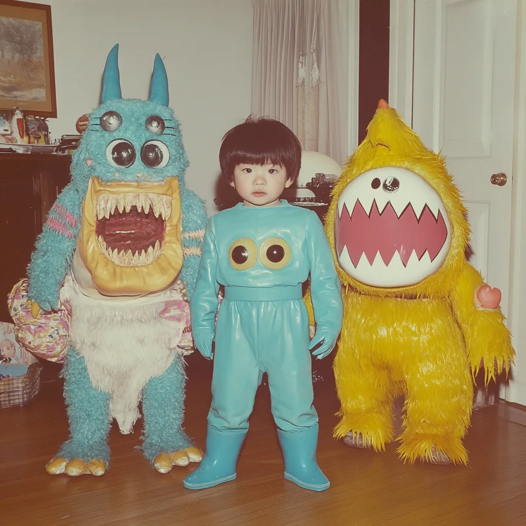 A young child in a teal monster costume stands between two larger, fuzzy monster costumes. The child, with dark hair, is positioned centrally. The costume to the left is light blue with a large, yellow, toothy mouth, while the costume to the right is bright yellow with a similarly large, pink mouth. The photo appears to be a vintage snapshot, possibly from a Halloween or costume party, with a warm, slightly faded tone.  The background features a wood floor and hints of a living room setting.