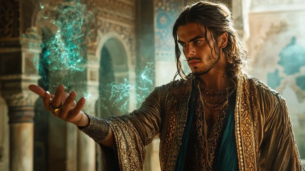 A young man with long brown hair, styled in a loose ponytail, stands in an ornate, possibly Middle Eastern, setting.  He wears an elaborate gold and teal robe, adorned with intricate detailing.  His gaze is focused on a swirling, ethereal teal energy emanating from his outstretched hand, suggesting magical abilities. The background features arched doorways and stone architecture, hinting at a palace or temple.  His expression is serious and concentrated.