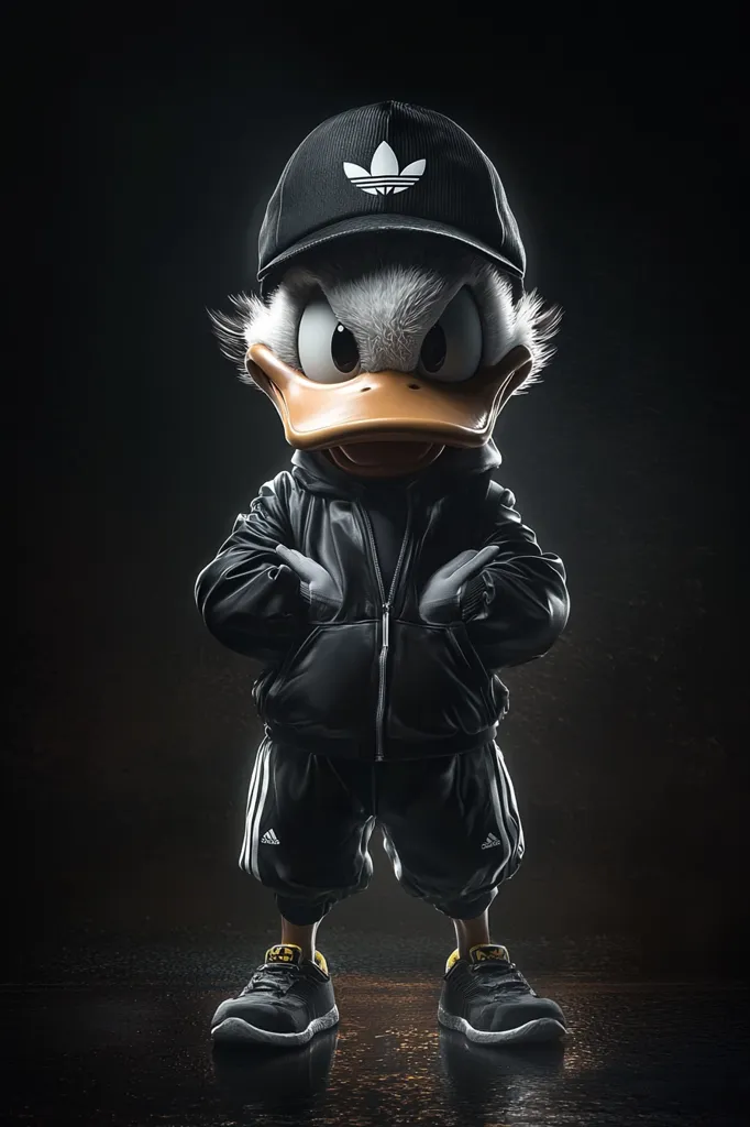 Here's a description of the image:

The image shows a stylized rendering of Donald Duck, transformed into a hip-hop character. He's wearing a black Adidas baseball cap, a black Adidas tracksuit, and black Adidas sneakers with yellow accents.  His expression is serious and slightly menacing, contrasting with his traditionally cartoonish features. The dark background emphasizes the character's attire and creates a moody, atmospheric setting.  The overall style blends 3D rendering techniques with a streetwear aesthetic, giving Donald Duck a modern and edgy look.