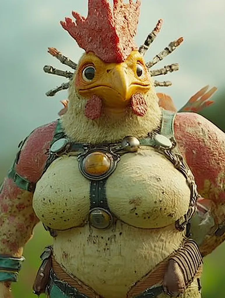 Here's a description of the image:

Close-up view of a stylized anthropomorphic rooster character. The rooster is robust, with a large, feathered body primarily cream-colored, and patches of reddish-pink skin visible, especially on its arms.  Its head features a prominent, spiked comb and wattles. The rooster wears a harness-like contraption across its chest with circular, amber-colored accents. The harness looks worn and has a somewhat steampunk aesthetic.  The background is softly blurred, suggesting a grassy field. The overall style suggests a character from a video game or animated film.