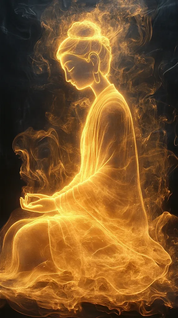 The image depicts a Buddha figure rendered in luminous, golden-orange energy.  The form is ethereal, appearing as if composed of swirling smoke or flame, giving a sense of otherworldly serenity and power.  The Buddha sits in a meditative posture, hands gently resting in its lap, exuding a feeling of peace and enlightenment. The dark background contrasts sharply with the radiant figure, emphasizing its spiritual presence. The overall effect is one of both tranquility and intense energy.