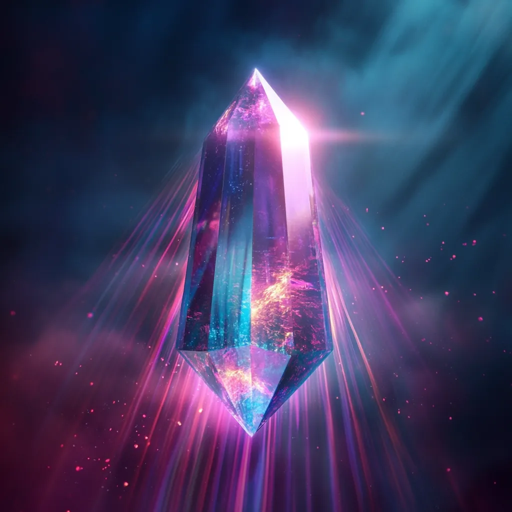 A large, crystalline shard dominates the image, its sharp point directed upward.  The crystal glows with an inner light, radiating vibrant hues of teal, purple, and pink.  These colors are intensified by beams of light emanating from the crystal, creating a radiant, ethereal effect.  The background is a dark, smoky expanse, speckled with faint particles of light, enhancing the crystal's otherworldly aura. The overall mood is mystical and enchanting.