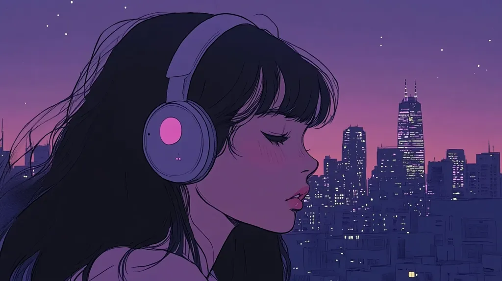 Here's a description of the image:

The illustration depicts a young woman, styled in an anime aesthetic, with long dark hair and oversized headphones.  She has her eyes closed, appearing serene, and is positioned in profile view against a backdrop of a twilight cityscape. The city skyline is detailed yet stylized, with buildings rendered in varying shades of purple and dark blues.  The overall mood is calm and melancholic, enhanced by the soft purple hues of the sky and the subtle lighting on the woman's face.  The scene evokes a feeling of quiet contemplation and urban solitude.