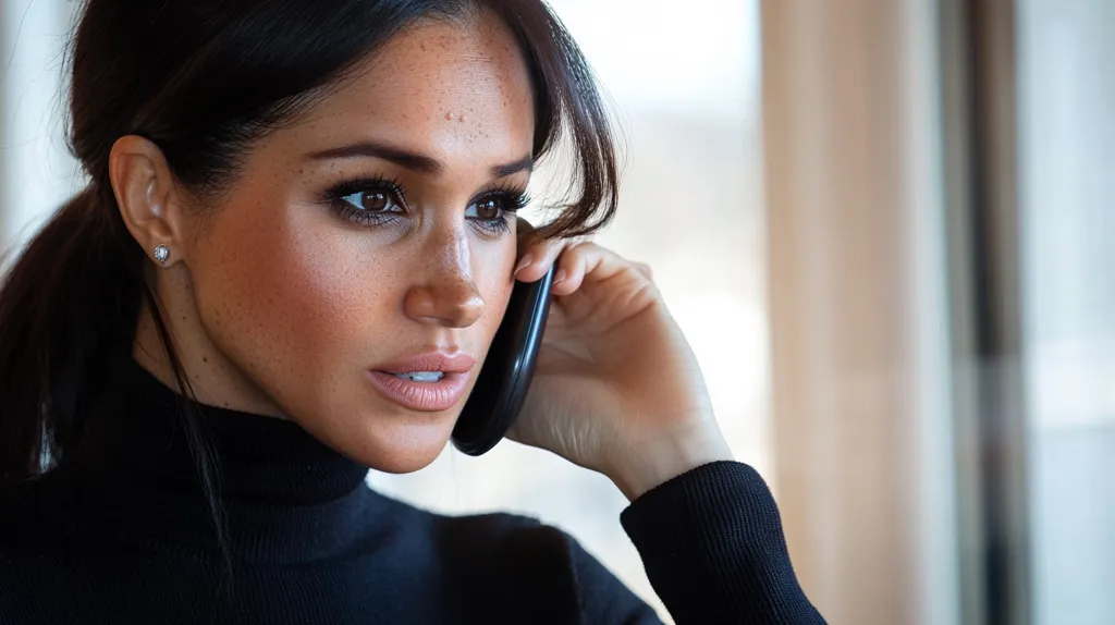 Here's a description of the image:

The photograph shows Meghan Markle, Duchess of Sussex, in close-up. She's elegantly dressed in a black turtleneck sweater, her dark hair pulled back in a neat style.  She's holding a black smartphone to her ear, her expression serious and focused.  Her freckles are visible, and her makeup is natural yet polished. The background is blurred, suggesting an indoor setting with a window visible, indicating a soft, natural light source.  The overall mood is one of quiet intensity and professionalism.
