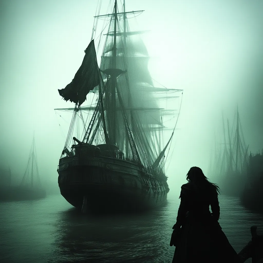 A large, dark sailing ship dominates the foreground, shrouded in an ethereal, greenish mist. Its tattered flag hangs limply.  The ship is moored in a calm waterway where other vessels are barely visible in the dense fog. A lone, silhouetted female figure, possibly in period clothing, stands on a dock, gazing at the ship. The overall atmosphere is mysterious and evocative of a historical seafaring tale or fantasy setting.