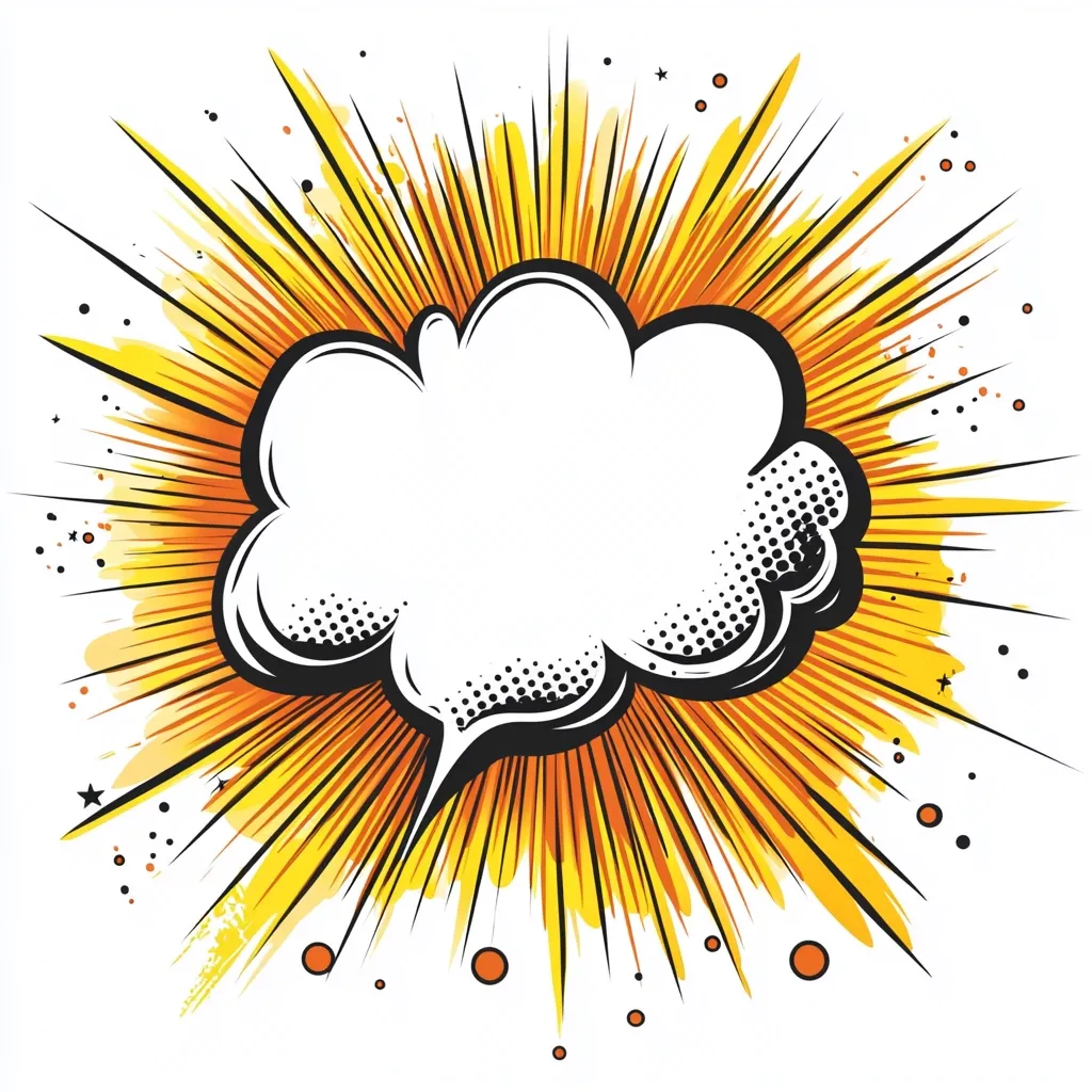 This image is a graphic representation of a comic book explosion. A large, irregular white speech bubble, outlined in black and filled with a dotted pattern, is centrally placed. It's surrounded by a burst of radiating yellow and orange lines, creating a dynamic, energetic effect.  Smaller dots and stars are scattered around the edges, enhancing the sense of movement and impact. The style is reminiscent of classic comic book art.