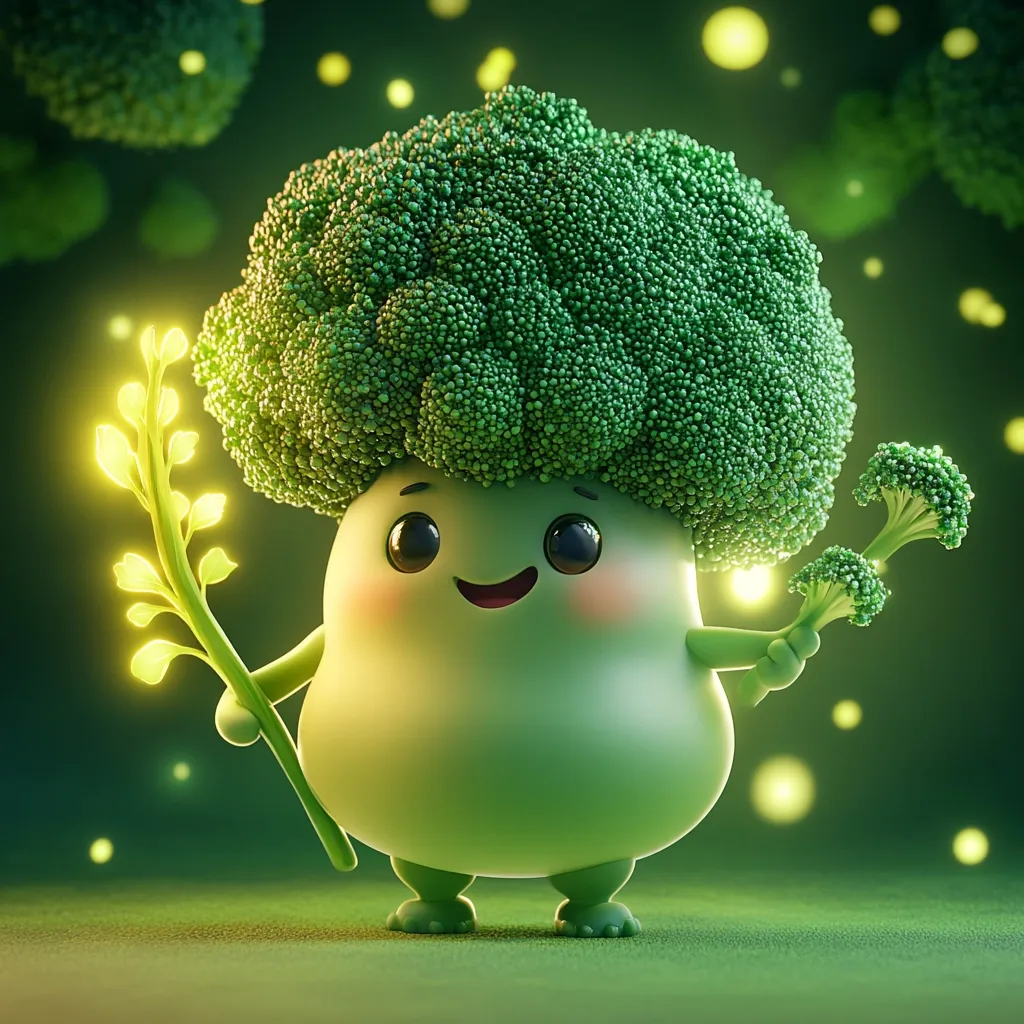A charming, cartoon broccoli character smiles brightly against a dark green background speckled with golden lights.  Its head is a realistic broccoli floret, while its body is a simplified, cute, light green form with small feet.  The broccoli holds a glowing, sprig-like plant in one hand and a smaller broccoli floret in the other. The overall style is whimsical and digitally rendered.