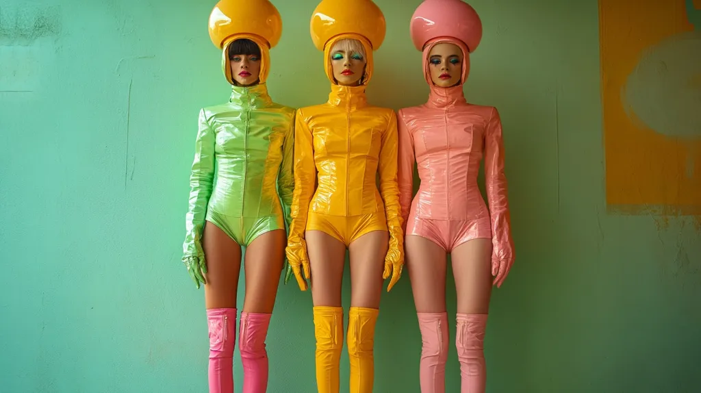 Three women stand shoulder-to-shoulder against a teal wall, each wearing a vibrant, futuristic bodysuit and matching helmet.  The bodysuits are lime green, gold, and pale pink.  They are complemented by long, coordinating boots.  The helmets are bulbous and add to the retro-space age aesthetic. The background features a partially painted-over orange section, contrasting with the overall cool-toned palette.  The image evokes a playful, stylized, and slightly surreal atmosphere.