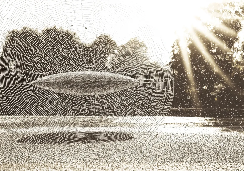Here's a description of the image:

The photograph showcases a large, intricate spiderweb draped over a surface, possibly a window or ground. The web's delicate structure is highlighted by morning dew or condensation, giving it a glistening appearance. A long, slender, dark object resembling a boat or UFO is centrally positioned within the web's design. The background features a softly blurred, sunlit landscape of trees and foliage, with sunbeams piercing through the atmosphere, creating a serene and mystical ambiance. The overall tone is sepia-toned, enhancing the image's vintage aesthetic.