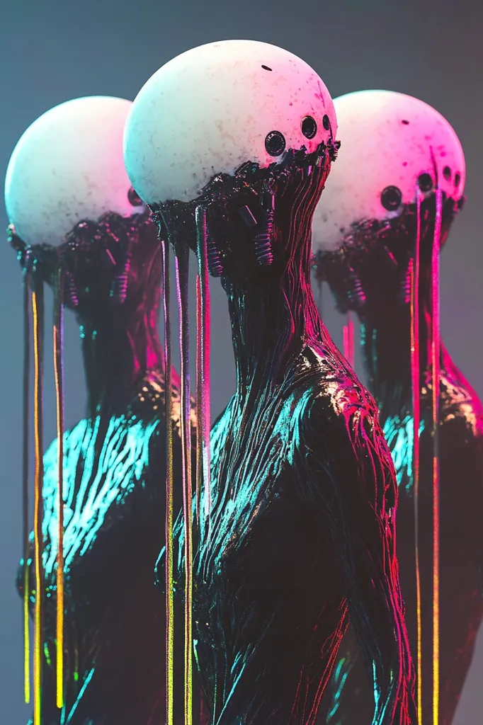 The image showcases three biomechanical figures, possibly robots or cyborgs, arranged in a row.  Their heads are smooth, ovular orbs with a pastel color gradient, contrasting with their dark, textured bodies.  From their heads drip vibrant, neon-colored strands, creating a striking visual effect against the muted background.  The figures are detailed, appearing sleek yet organic, merging technological elements with a biological aesthetic.  The overall mood is one of eerie beauty and technological advancement.
