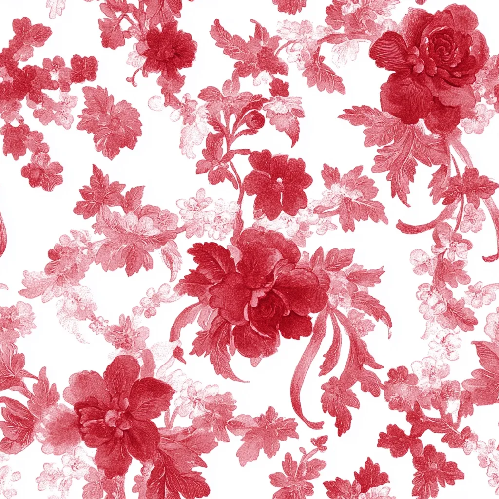 The image shows a repeating floral pattern in shades of red on a white background.  The design features large, prominent rose-like blooms interspersed with smaller blossoms and intricate foliage.  The style suggests a vintage or antique aesthetic, with a slightly textured, possibly watercolor-like effect giving the flowers a soft, slightly faded appearance. The pattern is dense but not overwhelming, creating a delicate and romantic feel.