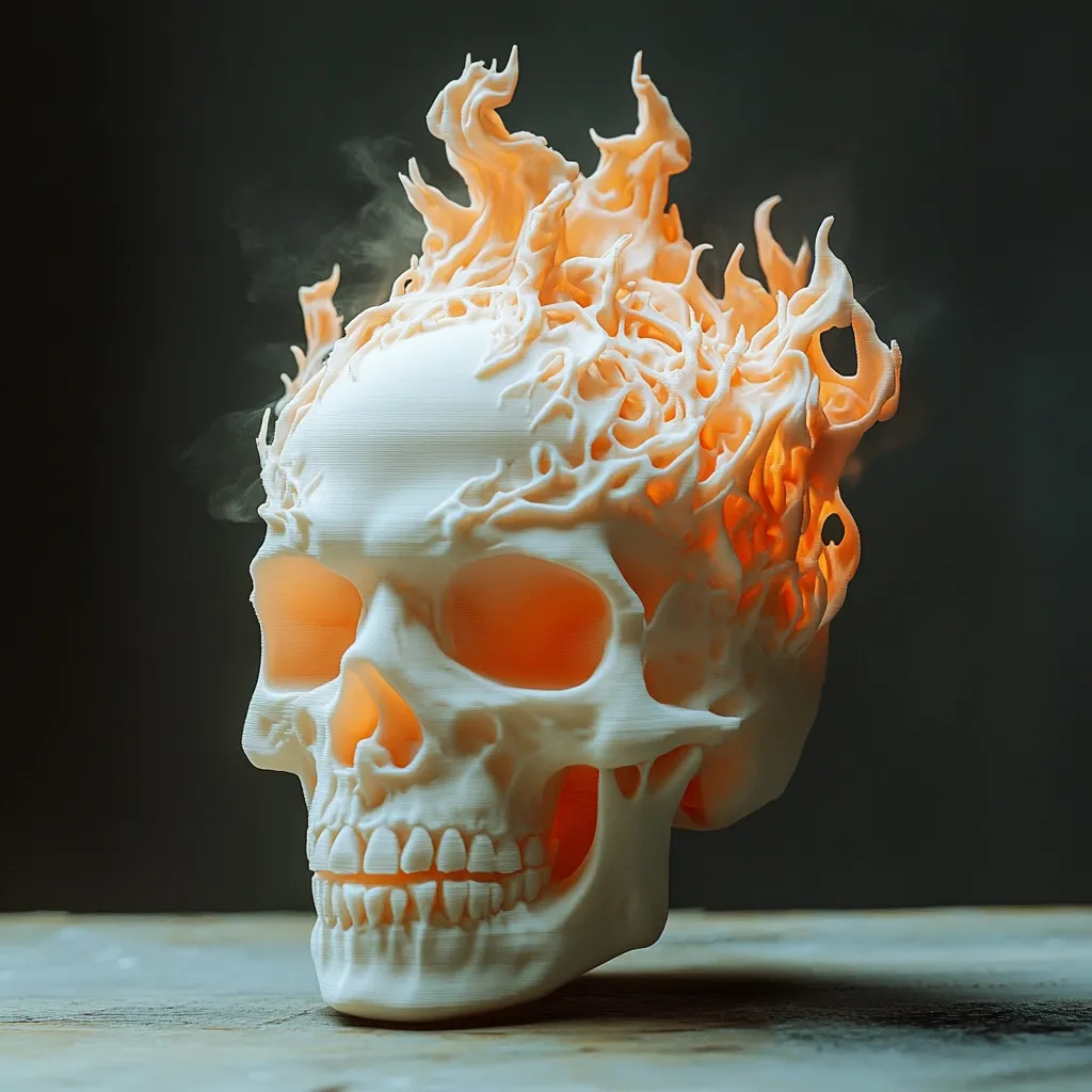 A detailed 3D-printed skull is depicted, its off-white surface textured with visible layers.  Atop the skull, intricately designed flames, rendered in a warm orange hue, erupt, giving the impression of burning or ethereal energy.  A subtle smoky haze surrounds the flames, enhancing the otherworldly effect. The skull rests on a dark wooden surface, set against a moody, dark background.  The image combines elements of artistry and macabre aesthetics.