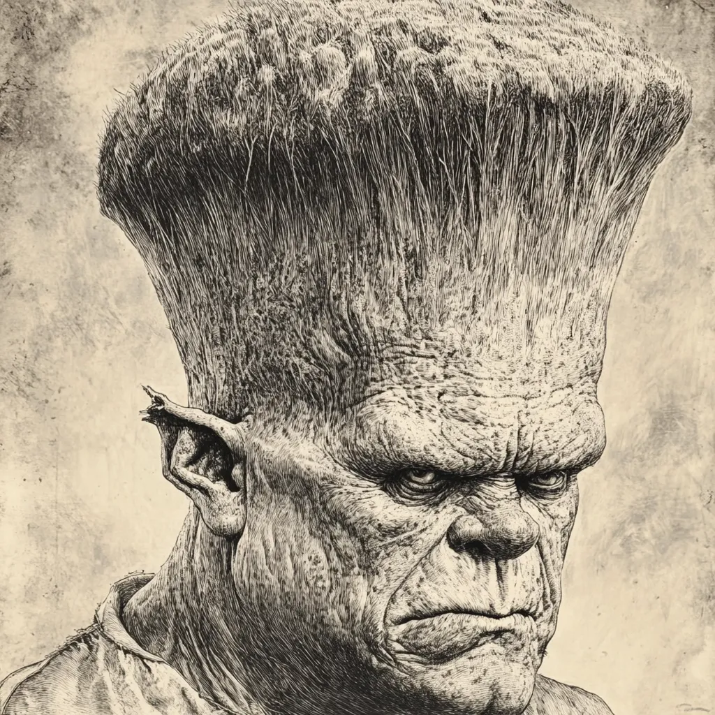 Here's a description of the image:

The image is a detailed, black-and-white pen-and-ink drawing of a grotesque, humanoid creature.  Its most striking feature is a towering, brush-like hairstyle that dominates the upper half of the composition. The creature's face is heavily lined and wrinkled, with deeply set, intense eyes and a scowling expression.  Its ears are pointed and unusually large. The style is reminiscent of horror or fantasy illustration, employing heavy shading and cross-hatching to create texture and depth.  The background is a muted, textured beige, which further emphasizes the stark contrast of the figure.