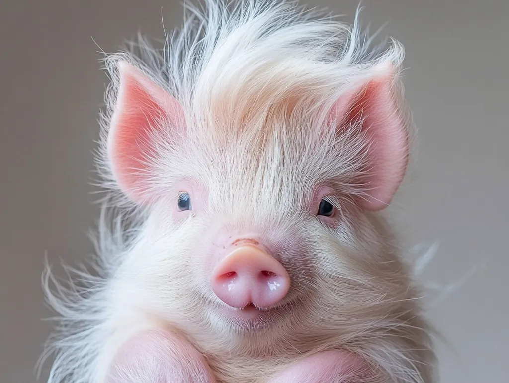 Here's a description of the image:

Close-up view of a young piglet with exceptionally fluffy, light-colored hair that resembles a hairstyle.  Its pink ears stand out against the creamy white fur.  The piglet's face is soft and features a small, pink nose and gentle eyes.  It appears calm and possibly content, with its front legs tucked slightly beneath it. The background is a neutral, muted gray. The overall impression is one of cuteness and unusual appearance due to the piglet's distinctive hair.
