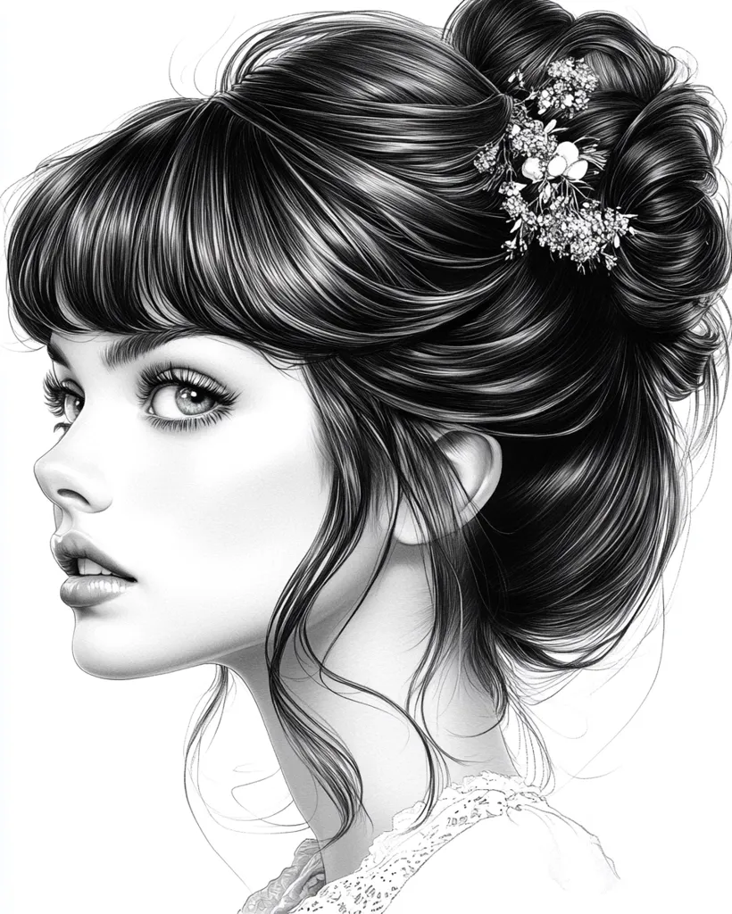 A black and white illustration showcases a woman's profile. Her dark hair is styled in an elegant updo, adorned with a delicate floral hairpiece.  Her face is beautifully rendered, highlighting her expressive eyes and soft features.  Loose strands frame her face, adding a touch of softness to the overall sophisticated and refined look.  The style is realistic, capturing subtle details in her hair and skin.  She appears serene and elegant.