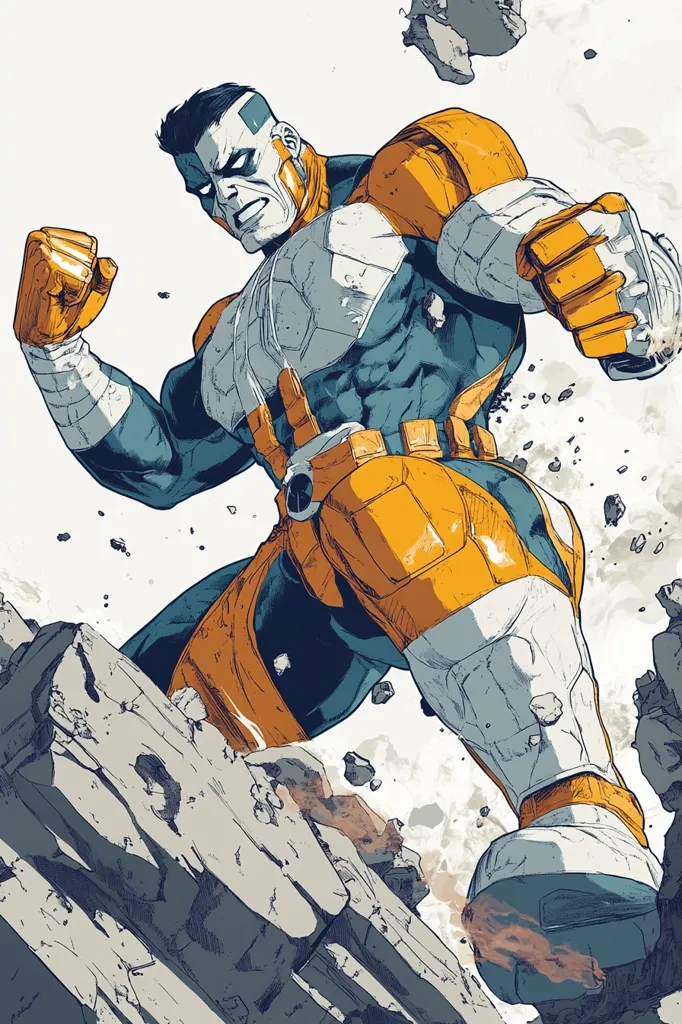Here's a description of the image:

The illustration showcases a dynamic depiction of a powerful, muscular figure, possibly a superhero or villain, in a dynamic pose. He's clad in a striking suit of armor, primarily teal and orange, which seems durable and protective. His expression is intense, fierce, and determined. The character's body is angled, suggesting powerful movement, as if he's either charging forward or breaking through an obstacle. He stands amidst a cloud of dust and shattered rock, hinting at a forceful impact. The artistic style blends realism with comic book aesthetics, featuring bold lines, detailed musculature, and a color palette that emphasizes the armor's design. The background's muted tones contrast with the character's vivid suit, drawing focus to his imposing figure.
