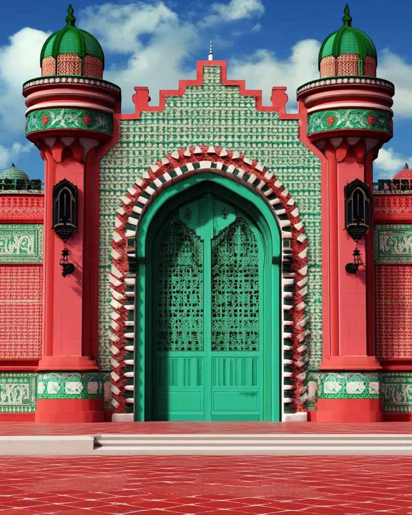 Here's a description of the image:

The image showcases a vibrant, ornate gateway, possibly of Moorish or Islamic architectural style.  The structure is predominantly coral pink and teal green.  Intricate tilework decorates the walls and arched gateway, which features a large, teal double door with detailed latticework.  Flanking the gateway are two smaller towers with green domes, adding to the building's majestic appearance. The scene is brightly lit, with a clear blue sky and red paving stones in the foreground, enhancing the overall vividness and detail.