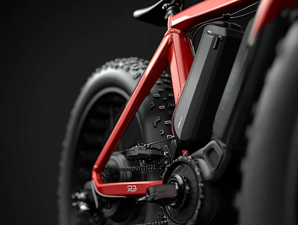 Here's a description of the image:

Close-up view of a red electric fat-tire bike's rear section. The focus is on the integrated black battery pack mounted on the downtube, and the robust chain drive system. The bike features thick, knobby tires suggesting off-road capabilities. The frame is a striking red, contrasting with the matte black of the battery and components. The background is a dark, blurred space, highlighting the bike. The image emphasizes the bike's powerful build and modern design.