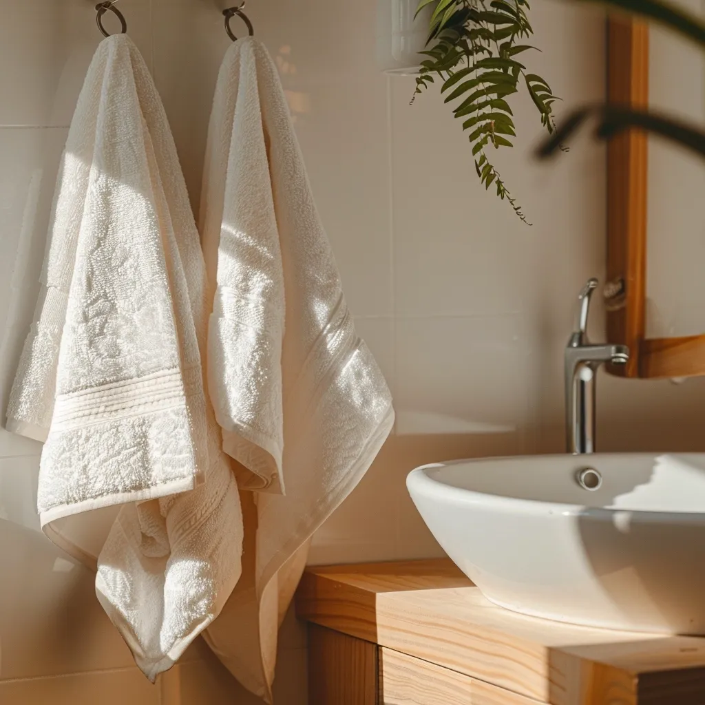 Two creamy-white bath towels hang from hooks on a tiled wall, bathed in warm sunlight.  The towels are plush and folded loosely.  A simple, white porcelain sink sits on a light wood vanity below, next to a chrome faucet.  A potted fern hangs above the sink, adding a touch of greenery to the minimalist, bright bathroom.  The overall aesthetic is clean and serene.