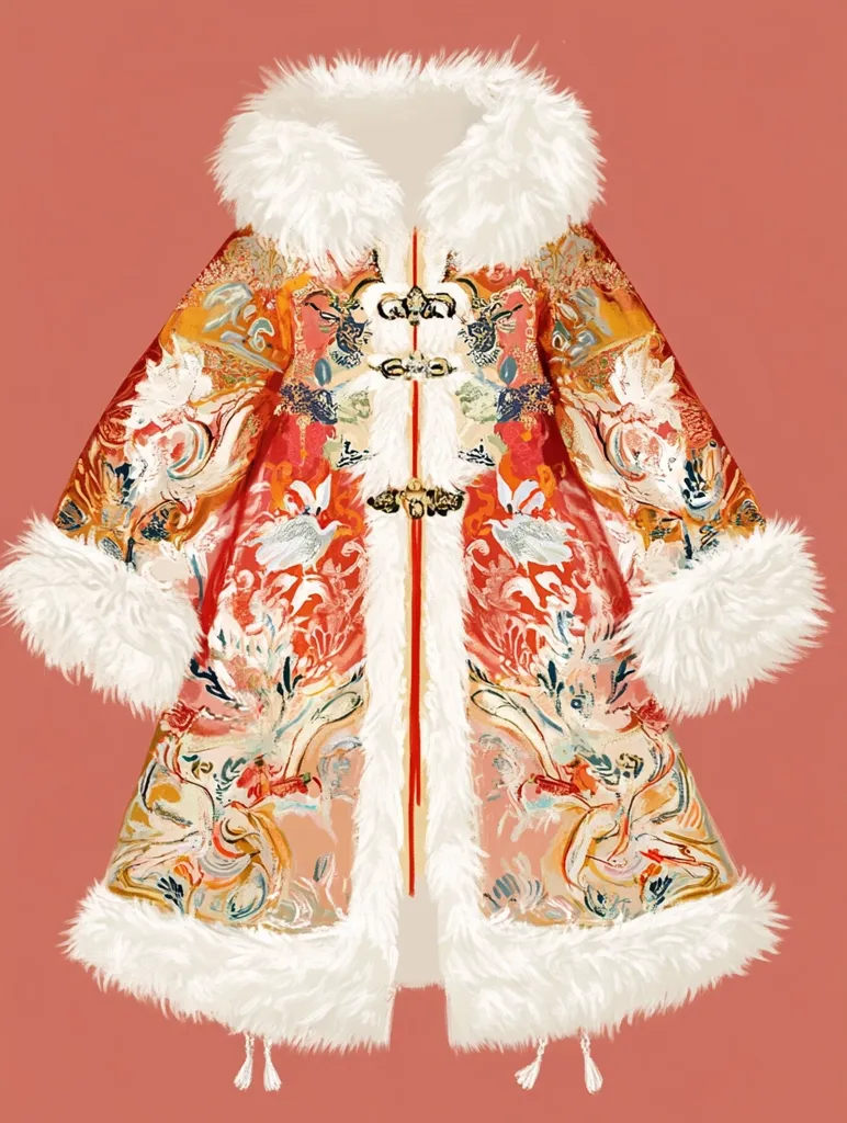 Here's a description of the image:

The illustration showcases a vibrant, long coat adorned with intricate, colorful floral and bird patterns.  The coat is predominantly red and orange, with gold and cream accents creating a rich tapestry effect. It features a large, fluffy white fur trim around the hood and cuffs, providing a stark contrast to the busy design.  Antique-style metal clasps fasten the coat down the front. The overall style suggests a fusion of traditional Chinese clothing and modern design elements. The coat is displayed against a muted coral backdrop, drawing attention to its ornate details.
