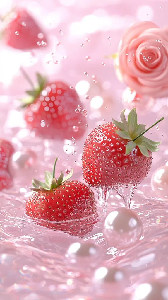 Here's a description of the image:

The image is a digitally enhanced, highly stylized close-up of juicy red strawberries splashing into a pink liquid.  The strawberries are vibrant and detailed, with glistening surfaces.  The liquid is translucent, with light reflecting off its surface, and numerous small bubbles are dispersed throughout.  Several pearls are also visible within the liquid, adding to the overall ethereal and luxurious feel.  A soft pink rose is partially visible in the background, adding a touch of floral elegance.  The overall effect is dreamy, romantic, and aesthetically pleasing.
