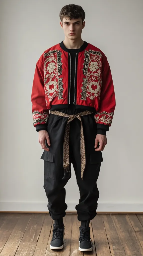 A young man models a stylish ensemble. He wears a cropped red bomber jacket adorned with intricate, cream-colored embroidery, paired with black cargo pants cinched with a patterned beige belt.  The outfit is completed with black high-top boots. The model's dark hair and serious expression contribute to a sophisticated and modern look. The image's backdrop is a simple, light-grey wall and a wood floor, focusing attention on the clothing.
