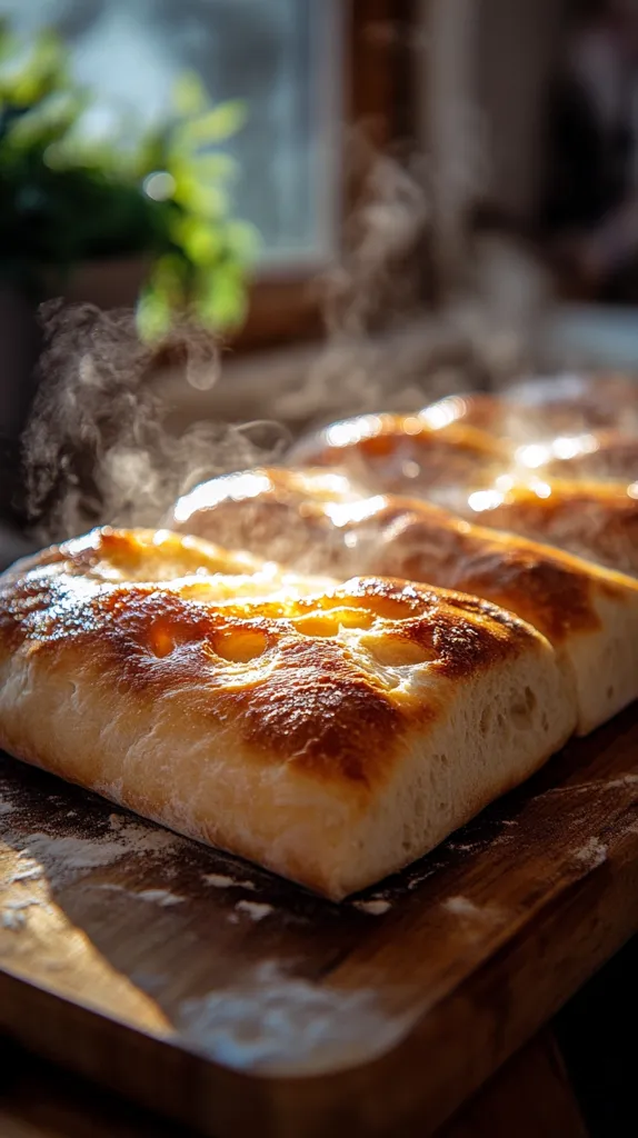 Here's a description of the image:

Three golden-brown loaves of focaccia bread sit on a wooden cutting board, still steaming from the oven.  The bread's surface is textured with dimples and a slightly glossy sheen.  A light dusting of flour is visible on the board. The background is blurred but shows a sunny window and a green plant, suggesting a warm, homey setting. The overall mood is one of rustic warmth and freshly baked goodness.