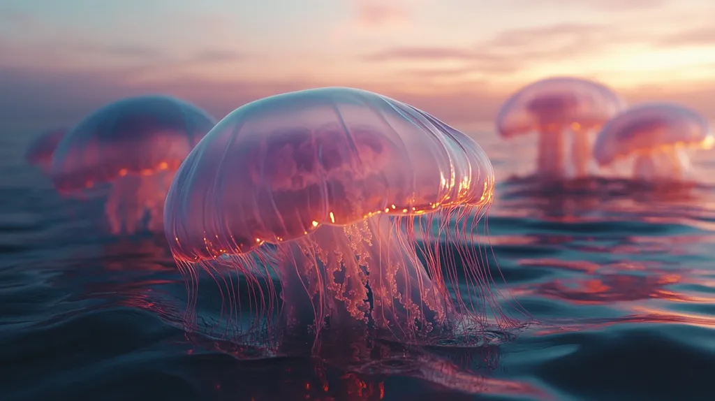 Here's a description of the image:

The image is a digital rendering depicting a group of bioluminescent jellyfish in the ocean at sunset.  The jellyfish are translucent, with a pinkish-red glow emanating from within their bells. Their long, delicate tentacles trail downwards into the dark blue water, which reflects the warm hues of the sunset sky. The overall atmosphere is serene and ethereal, with a focus on the beauty and otherworldly quality of the jellyfish.  Several jellyfish are in the background, slightly out of focus, adding depth to the scene.