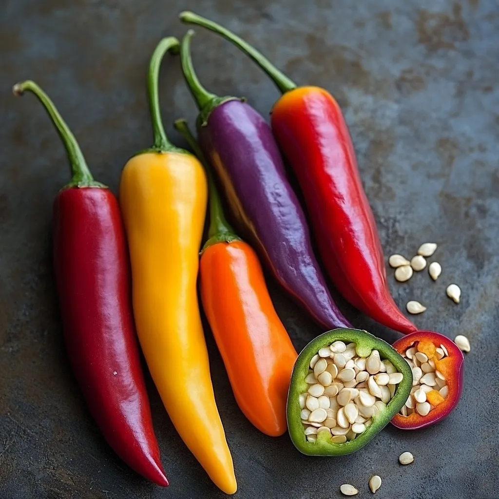 Here's a description of the image:

Five vibrant chili peppers, each a different color—red, purple, orange, yellow, and dark red—are arranged in a semi-circle on a dark gray surface.  Their colors are intensely saturated, contrasting beautifully with the background.  A halved green chili pepper reveals its pale seeds, scattered alongside a few others near the main peppers. The scene is sharply focused, highlighting the peppers' smooth skins and textures.  The overall impression is one of vibrant color and fresh, healthy produce.