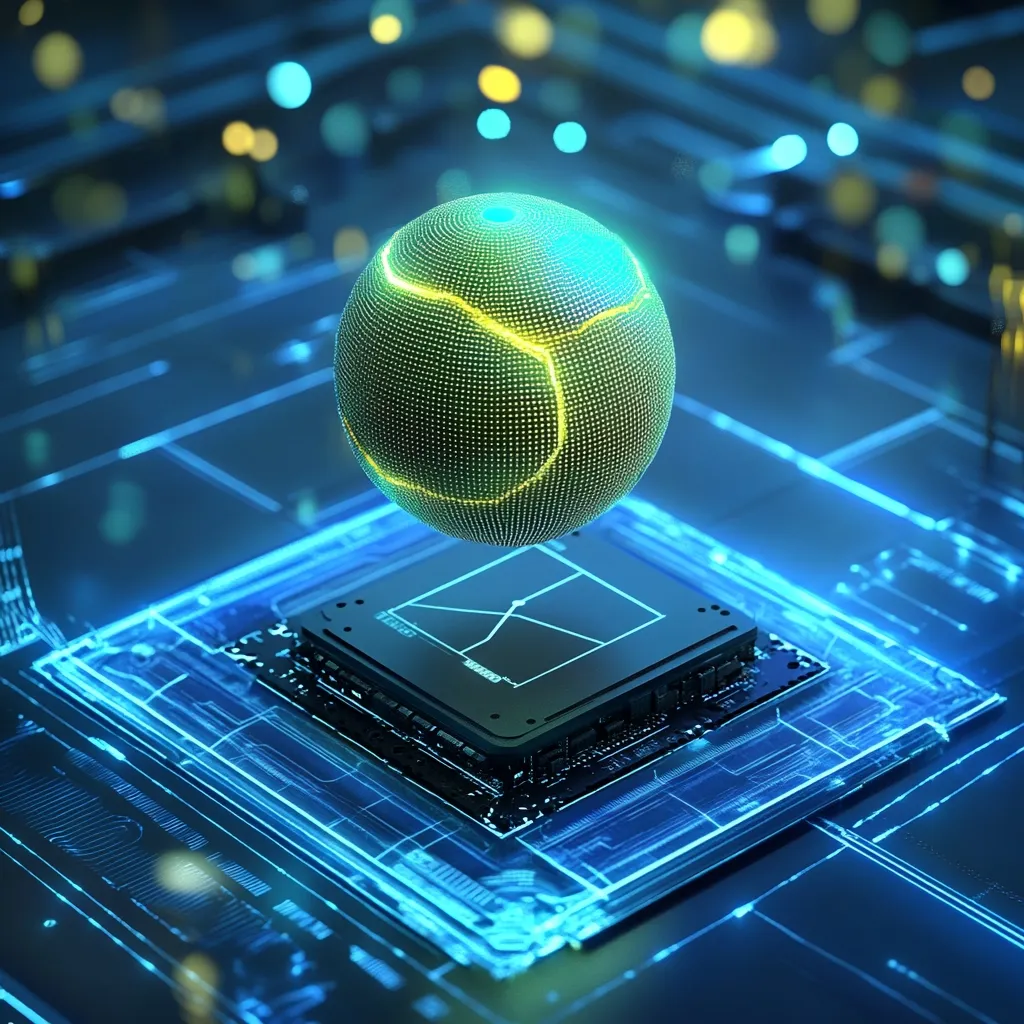 A digital rendering showcases a glowing green sphere, reminiscent of a data globe, hovering above a computer microchip.  The chip, displaying a graph, is embedded in a vibrant blue circuit board, suggesting advanced technology.  Neon blue lines trace the intricate pathways of the board, creating a futuristic, high-tech aesthetic. The overall image evokes concepts of data processing, artificial intelligence, or the internet of things.